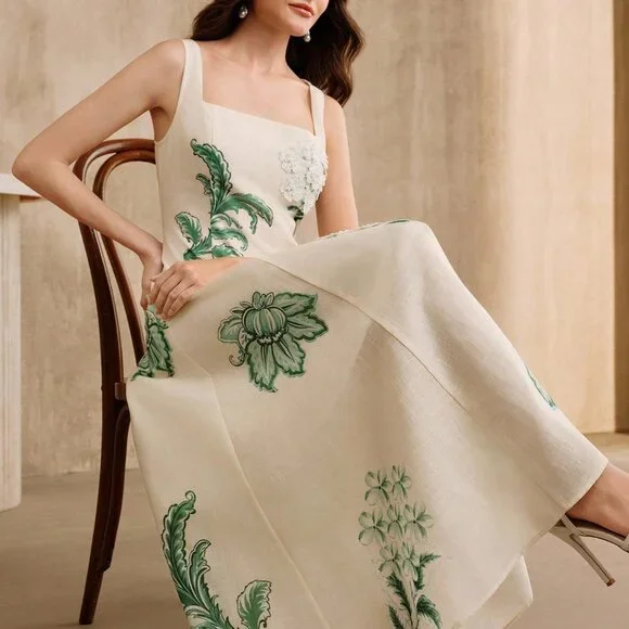 Green Elegant Women's Floral Print Spaghetti Strap Dress
